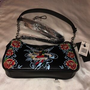 Ed Hardy Black Faux Leather Til’ True Death Tattoo Rhinestone Crossbody Bag NWT